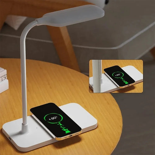 Slimme LED Bureaulamp met Draadloze Oplader en Klok – Multifunctioneel Design